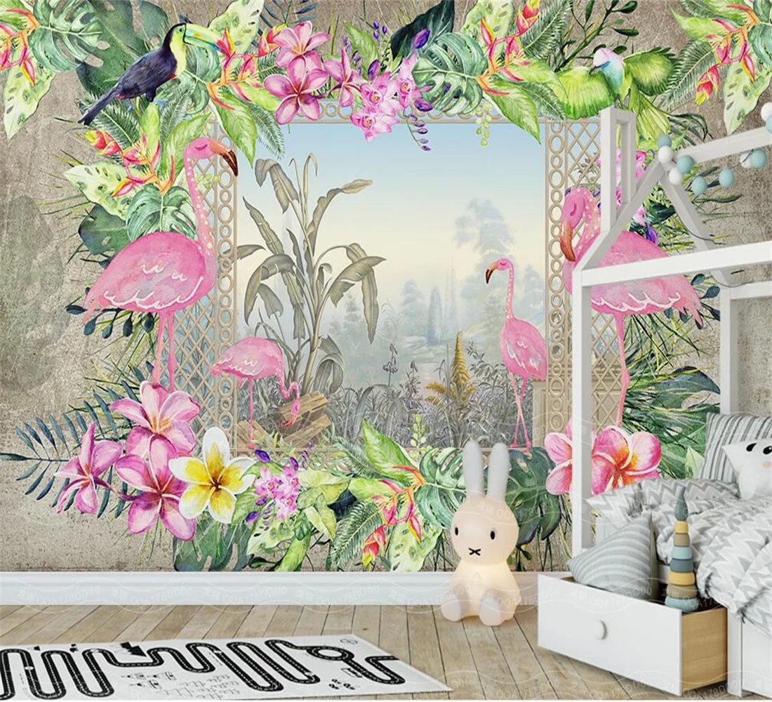 

Custom 3D Photo Wallpaper European tropical flamingo plant flowers Living Room Wall Mural Sofa Background wall 3d wallpaper