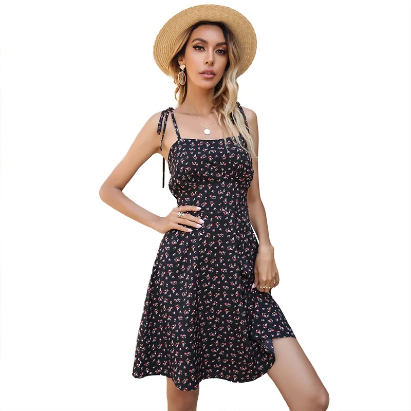 

Summer Women's Fashion Design Chiffon A-Shaped Floral Pattern Print Double Drawstring Sling Dress Women LC6347