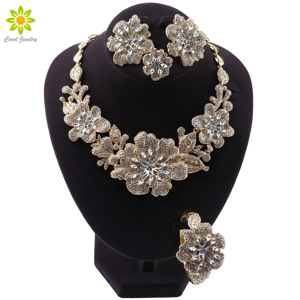 Цветок Форма: ожерелье, серьги, браслет и кольцо свадебный набор украшений для женщин Высокое качество золото Цвет ювелирные изделия подаро...