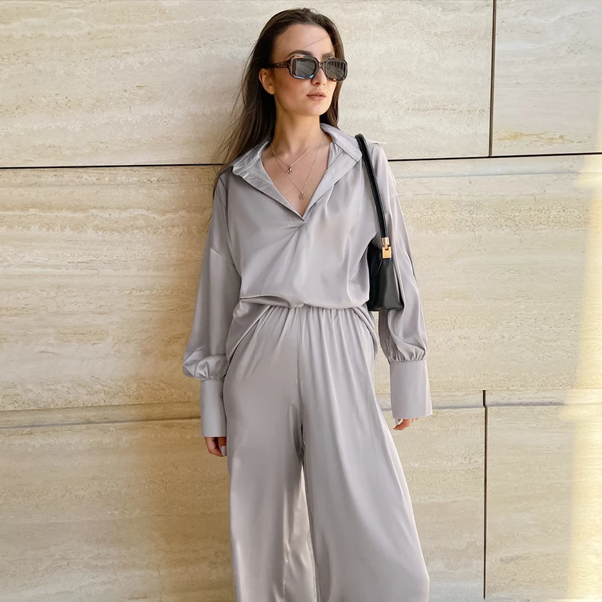 

Пижама Hiloc женская с рукавами-фонариками, одежда для сна, однотонный комплект из 2 предметов, Модный комплект с отложным воротником и высокой...