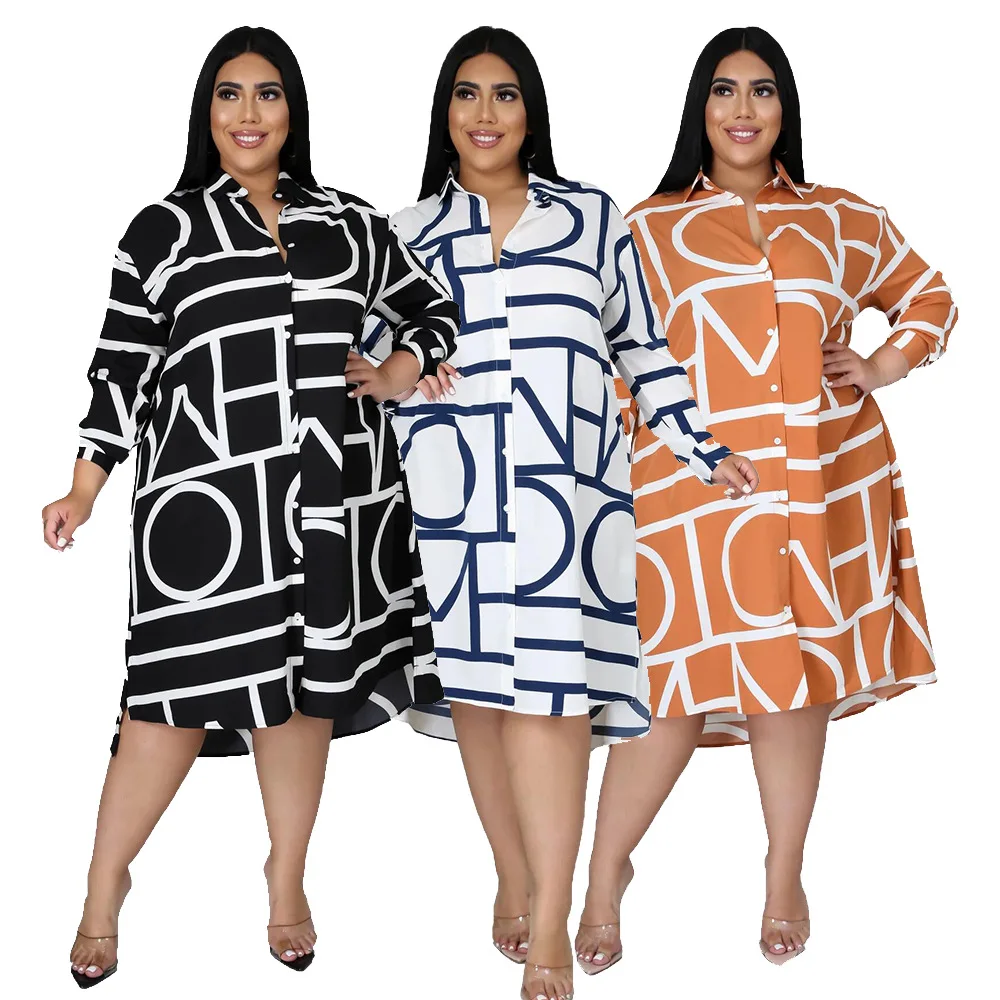 

Women Plus Size Dress 2021 Buttons Casual Long Sleeve Loose Office Lady Fashion New Shirt Midi Dresses Fashion Casual Dress