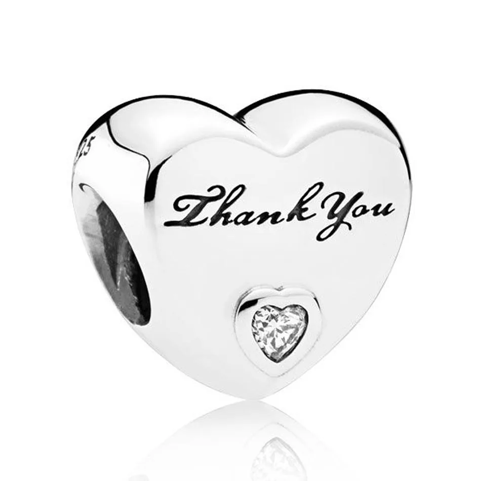 

Genuine 925 Sterling Silver Beads Heart Clear Cz Thank You Charm Fit Pan Women Bracelet & Necklace Diy Jewelry