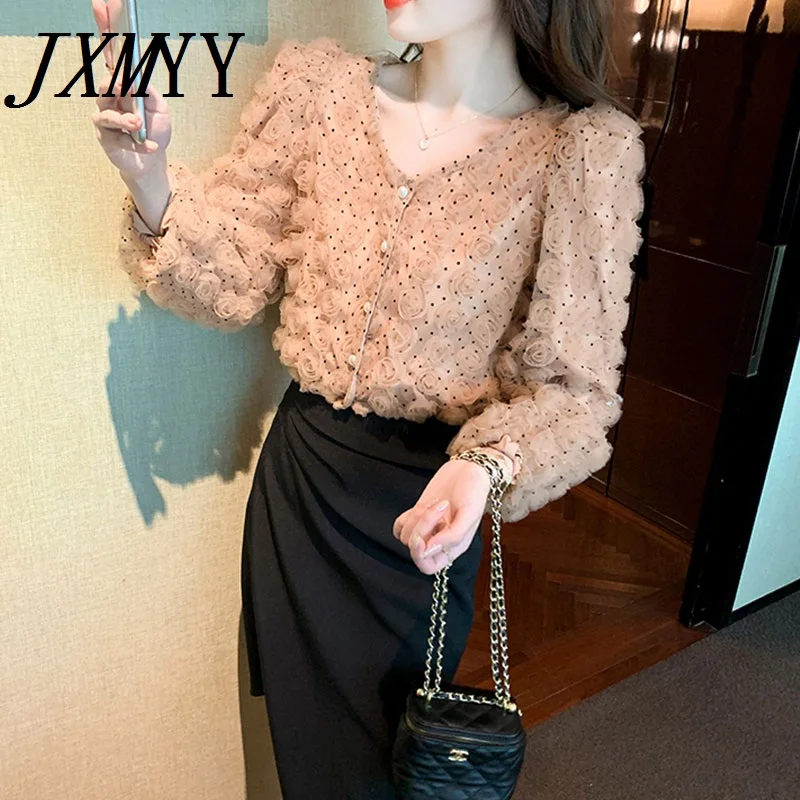 JXMYY 2022 Spring New Fashion Three-Dimensional Flower Lace Bottoming Shirt Female V-Neck Design Elegant Temperament Blouse | Женская
