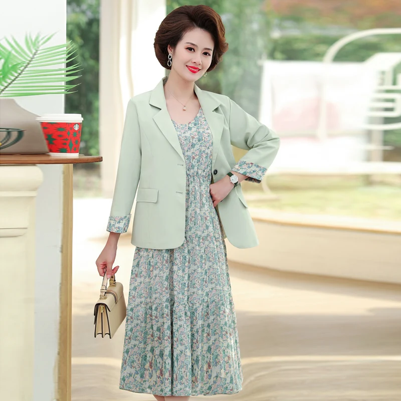 Conjunto de Blazer y vestido de gasa para mujer, conjunto de dos piezas, color negro, verde y rosa, atuendos dobles, tallas 5XL, 4XL y 3XL, Primavera