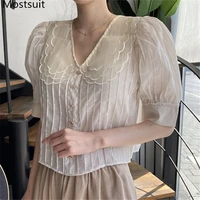 2020 summer organza korean fashion short blouses shirts women puff sleeve v neck single breasted tops blusas femme black apricot