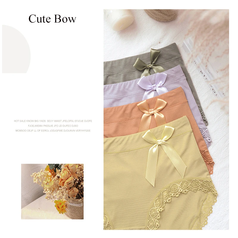 

Lace Plus Size Panties For Women Silky Sexy Underwear Seamless Cute Mid Waist Underpants Breathable Bow Briefs Female Lingerie