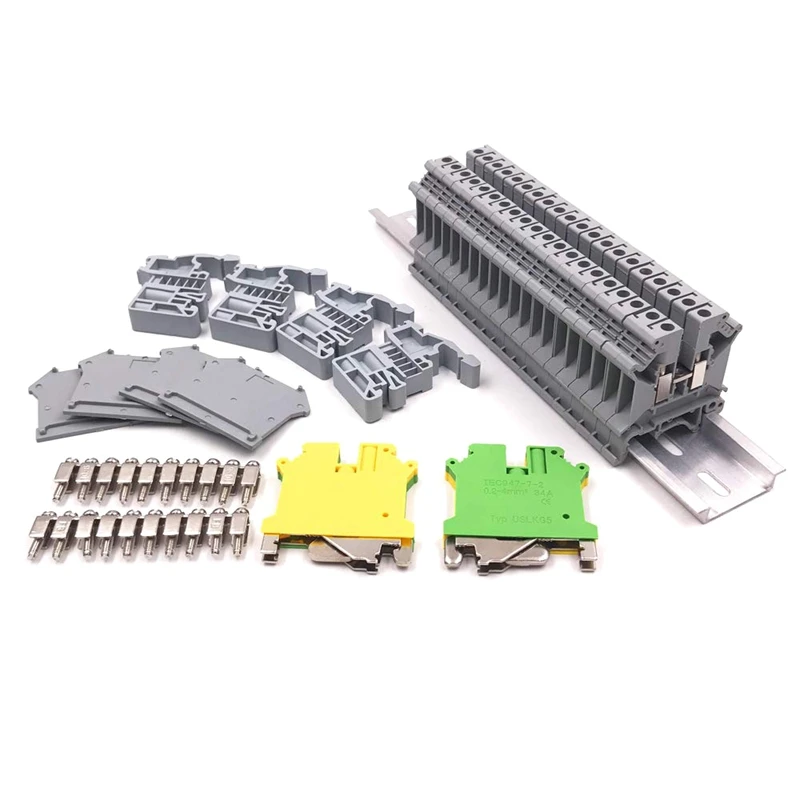 

Din Rail Terminal Blocks Kit,Uk5N Terminal +Ground Blocks+Aluminum Rail+D-Uk End Covers+E/Uk End Brackets+Bridge Jumpers Kits