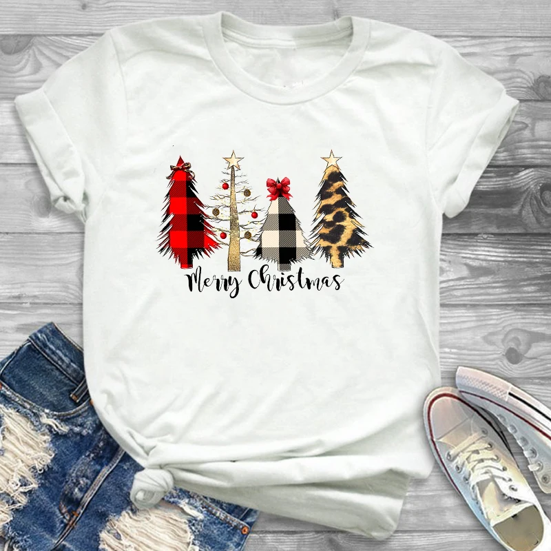 

Leopard Plaid Tree Women T-shirt New Year Fashion Merry Christmas Clothing Female T-shirts Women Lady Graphic Tee Shirt Tops