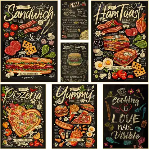 Настенный декор для ресторана, кухни, крафт-бумага в стиле ретро, постеры с рисунком картошки фри, бургеров, пиццы, картины для украшения дом...