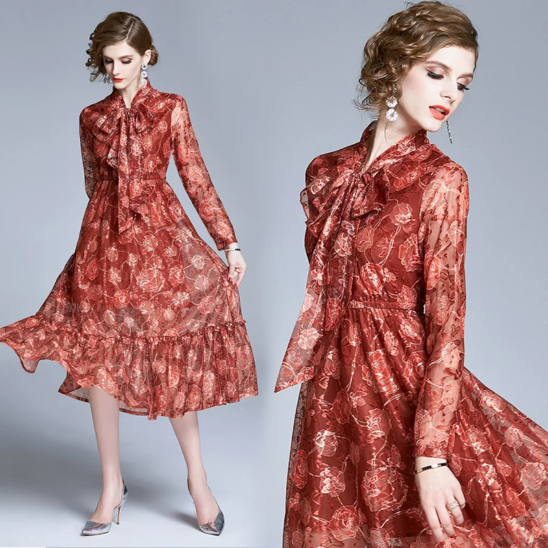 

Womens Lace Midi Party Cocktail Dress Robes Woman Ladies Girl Elegant Vintage A-Line Swing Slim Casual 2022 Spring Autumn Dress