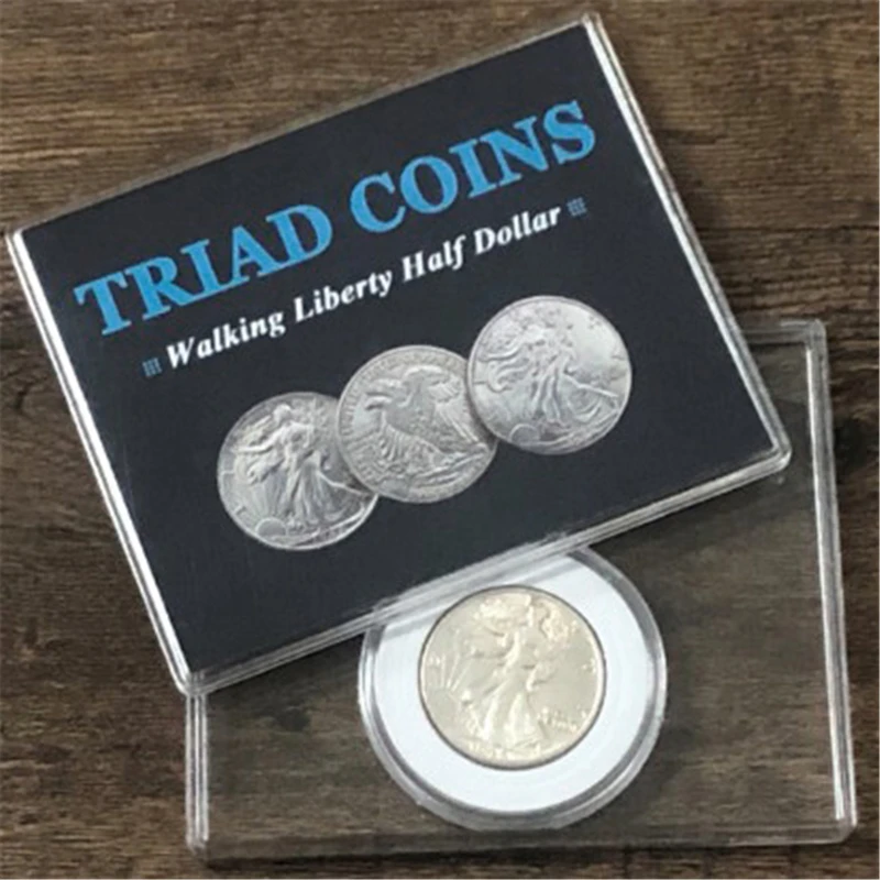 

Triad Coins (Walking Liberty Half Dollar Gimmick) Magic Trick Produce Vanish Change Three Coin Magia Close Up Illusion Mentalism