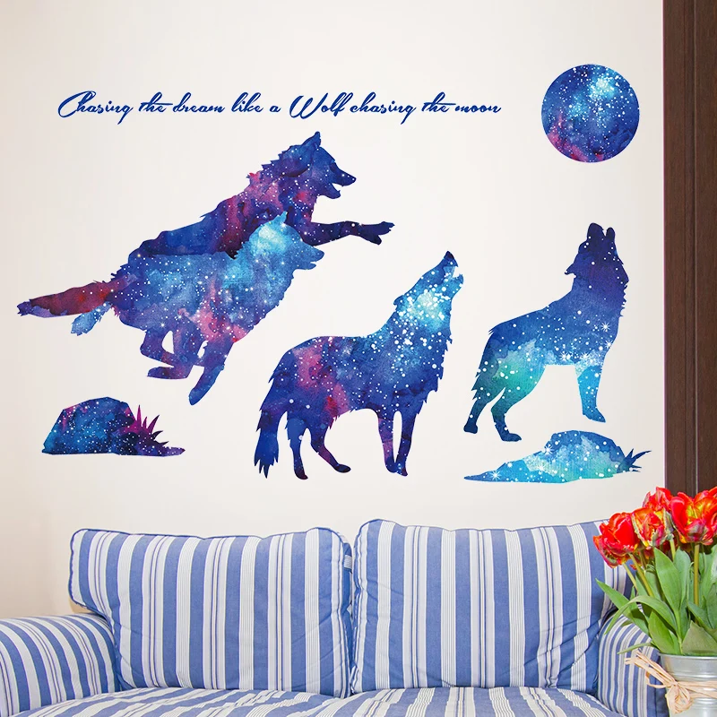 Виниловые наклейки на стену с изображением ночного неба Луны волка | Дом и сад