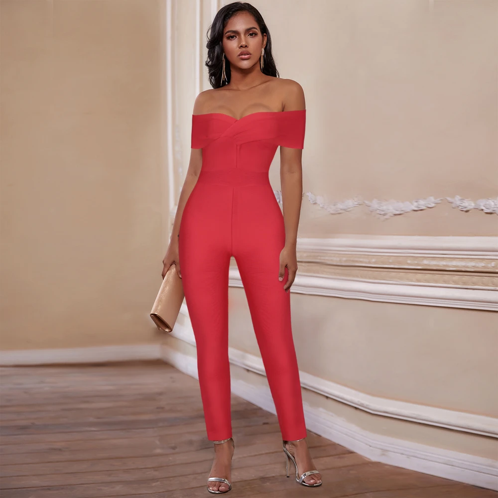Женский бандажный комбинезон Ocstrade красный с открытыми плечами клубный вечерний