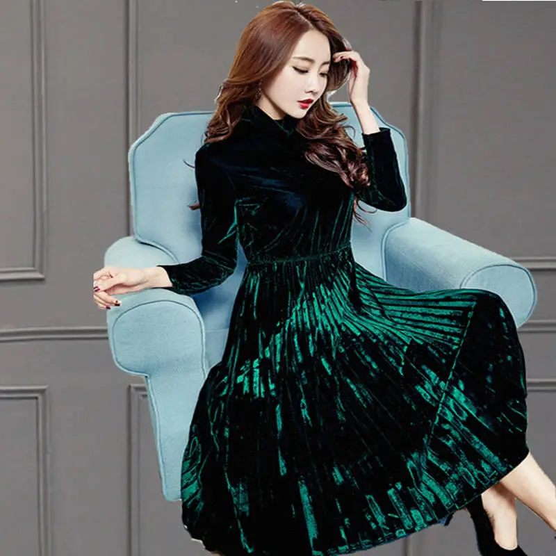 Plus Size 4XL Turtleneck Gold Velvet Dress Women Long Sleeve Autumn Winter Pleated Elegant Ladies Party Dresses C5843 | Женская одежда