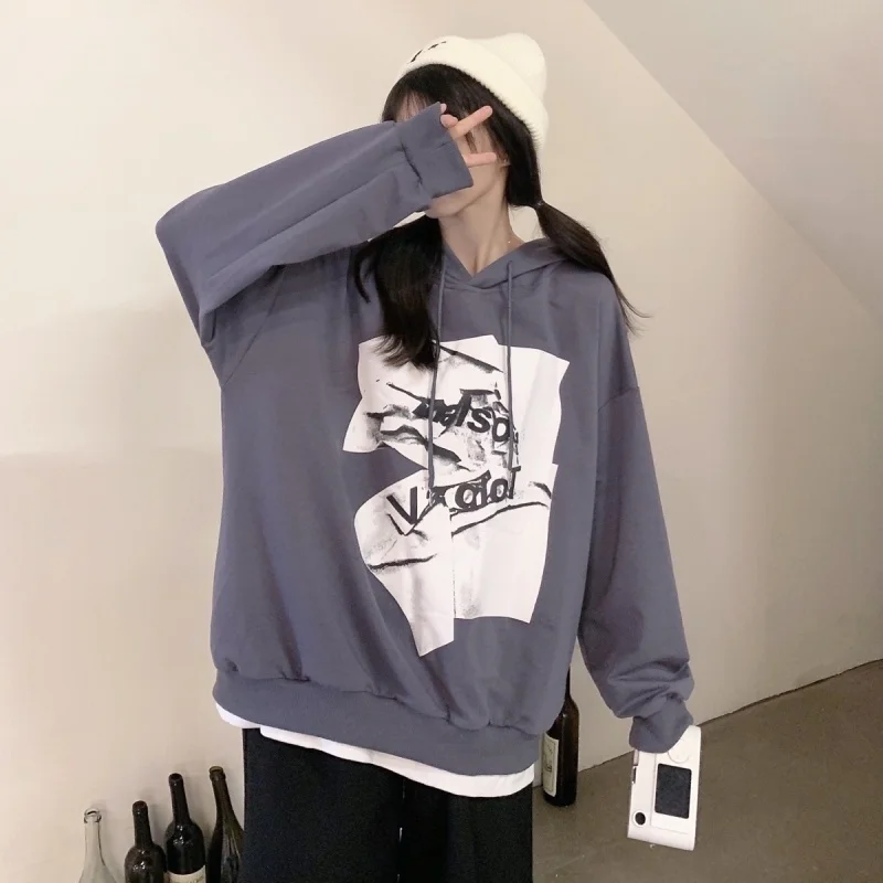 

Женский тонкий свитер с капюшоном, Осенний топ из двух частей