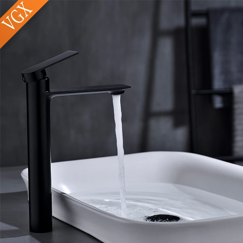 

VGX Bathroom Mixer High Rise Faucet for Counter Top Wash Basin Sink Tap Single Hole Faucets Washroom Brass Matt Black F601-103B