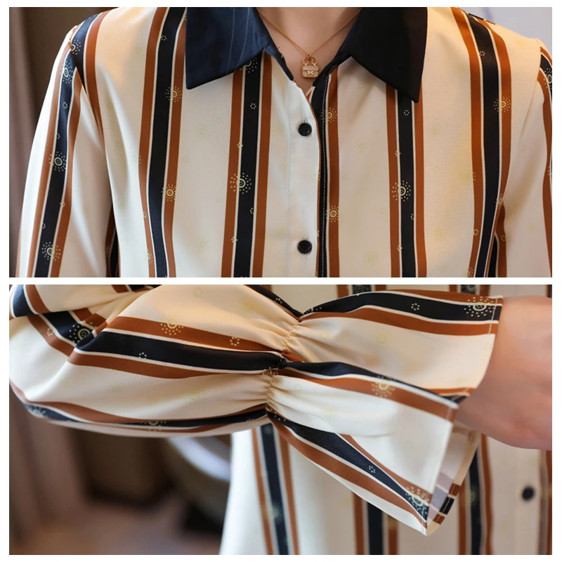 

Fashion striped shirt women blouse spring autumn long-sleeved lapel vintage chiffon shirt ladies elegant casual basic female top