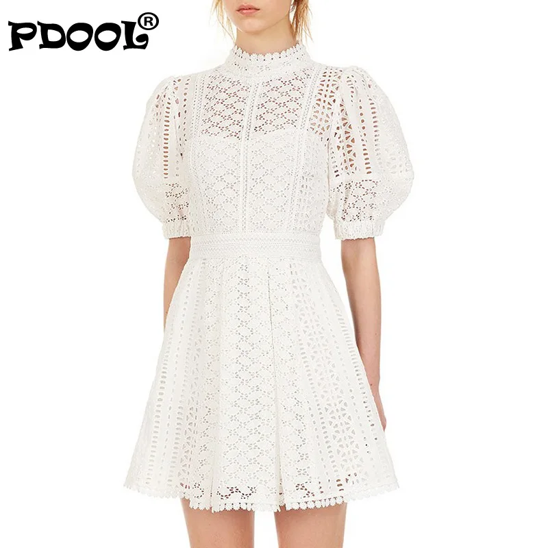 

2021 Новое поступление белое кружевное женское платье летнее платье 2 однотонных Цвет и кружевным воротником с буффами на рукавах с открытой ...