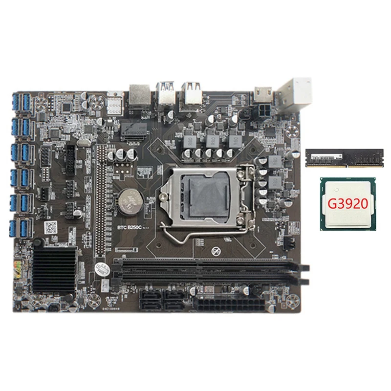 

B250C Mining Motherboard with G3920 CPU+1XDDR4 8G 2133Mhz RAM 12XPCIE to USB3.0 Card Slot Board for BTC