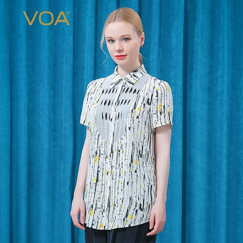 

VOA Silk Printed Double Crepe POLO Collar Short Sleeve Single-breasted Panel Folded Curved Hem Refreshing Shirt women BE602