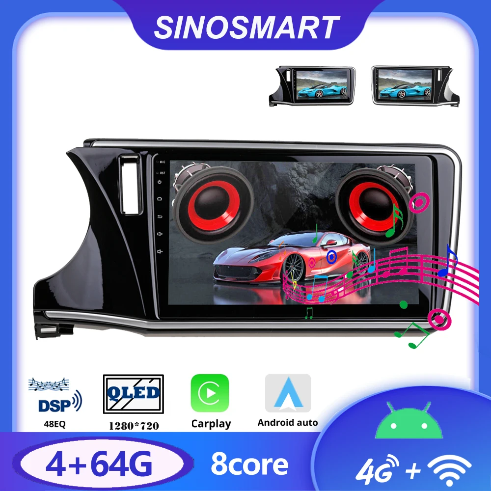 

Sinosmart автомобильный радиоприемник с навигацией GPS для Honda City 2015 2016 2017 2018 2din 2.5D IPS/QLED экран 8 ядер, DSP 48EQ