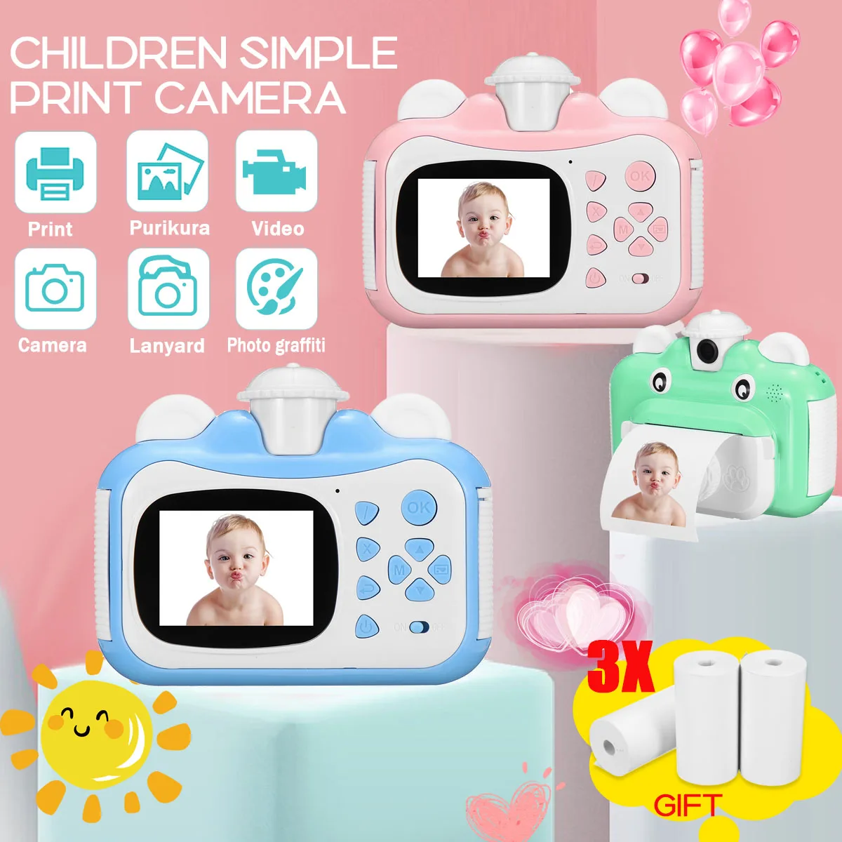 1080P HD Baby Kids Instant for Children Portable Rotatable Lens Polaroids Camera Toys With Thermal Photo Paper for Birthday Gift
