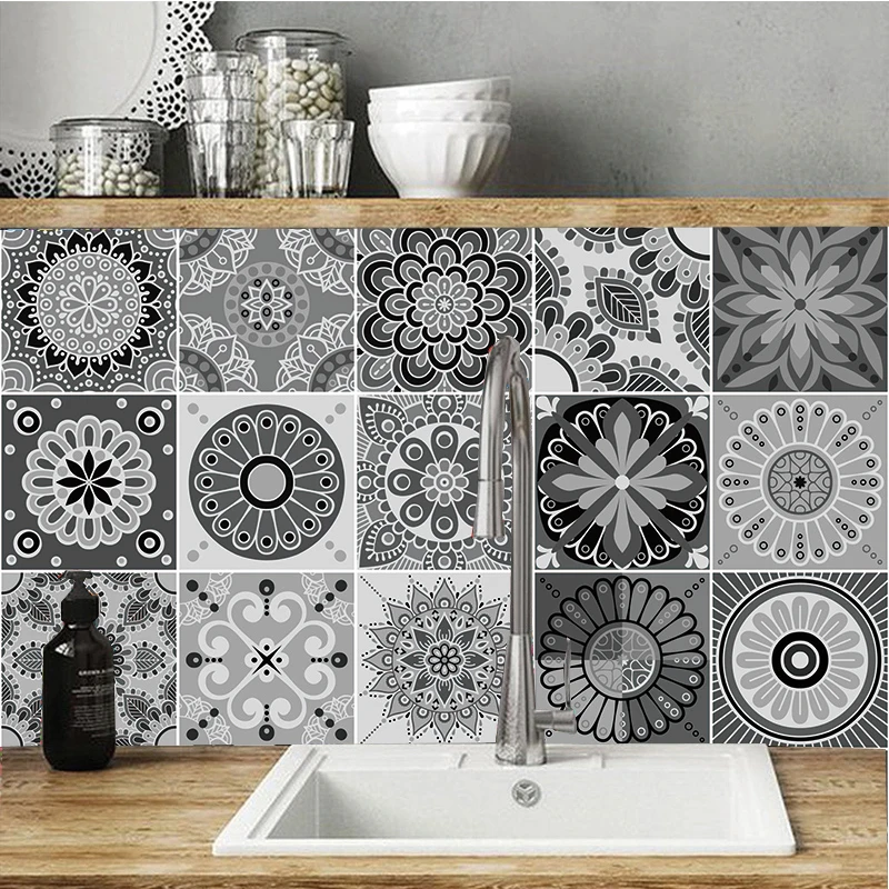 Серые наклейки на стену с рисунком мандалы арабскими плитками кухонные для пола