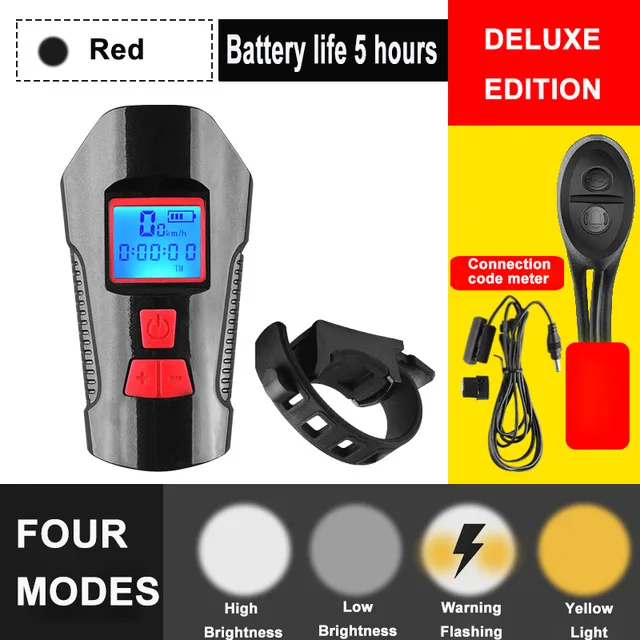 Deluxe Red 3 в 1 светильник для горного велосипеда с зарядкой от usb, велосипедный передний светильник, светильник-вспышка на руль, велосипедный головной светильник, измеритель скорости, ЖК-экран - Цвет: Deluxe Red