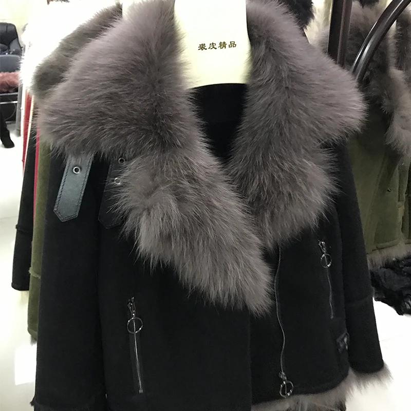 Rf0210 из натурального лисьего меха, куртка из овчины Для женщин из натурального меха лисы с Искусственная кожа куртка стильная обувь для поездок на мотоцикле кожаные пальто - Цвет: Черный