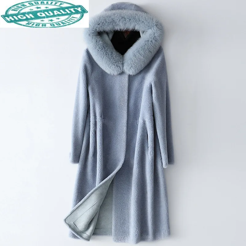 

Coat Real Female Winter Clothes Women Fox Collar Hooded 100% Wool Fur Jackets Long Coats HQ20-ZZH2027C KJ