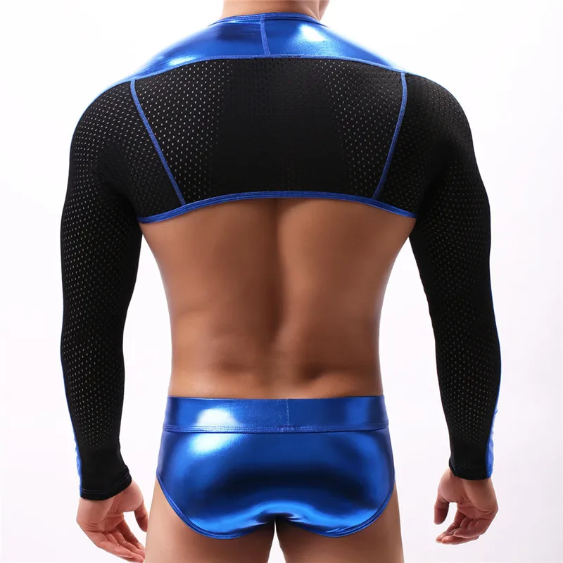 Men's Undershirt Long Sleeve Shirt Faux Leather T-Shirts Sexy Faux Leather Undershirts Mens Underwear One Set