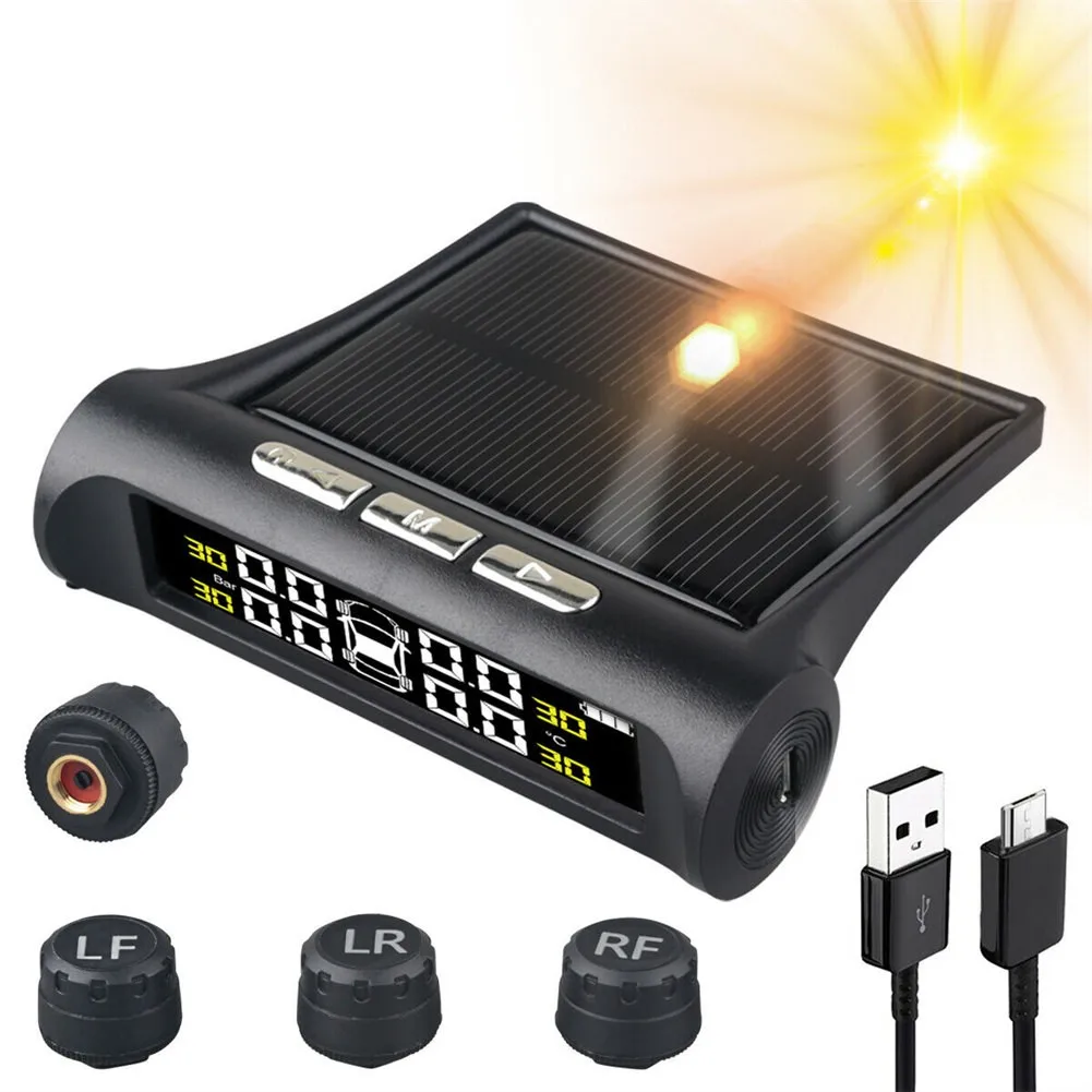 

A Set Of Tire Pressure Monitors 5V Wireless Solar TPMS LCD Car Tire Pressure Monitoring System W/4 External Sensors Waterproof
