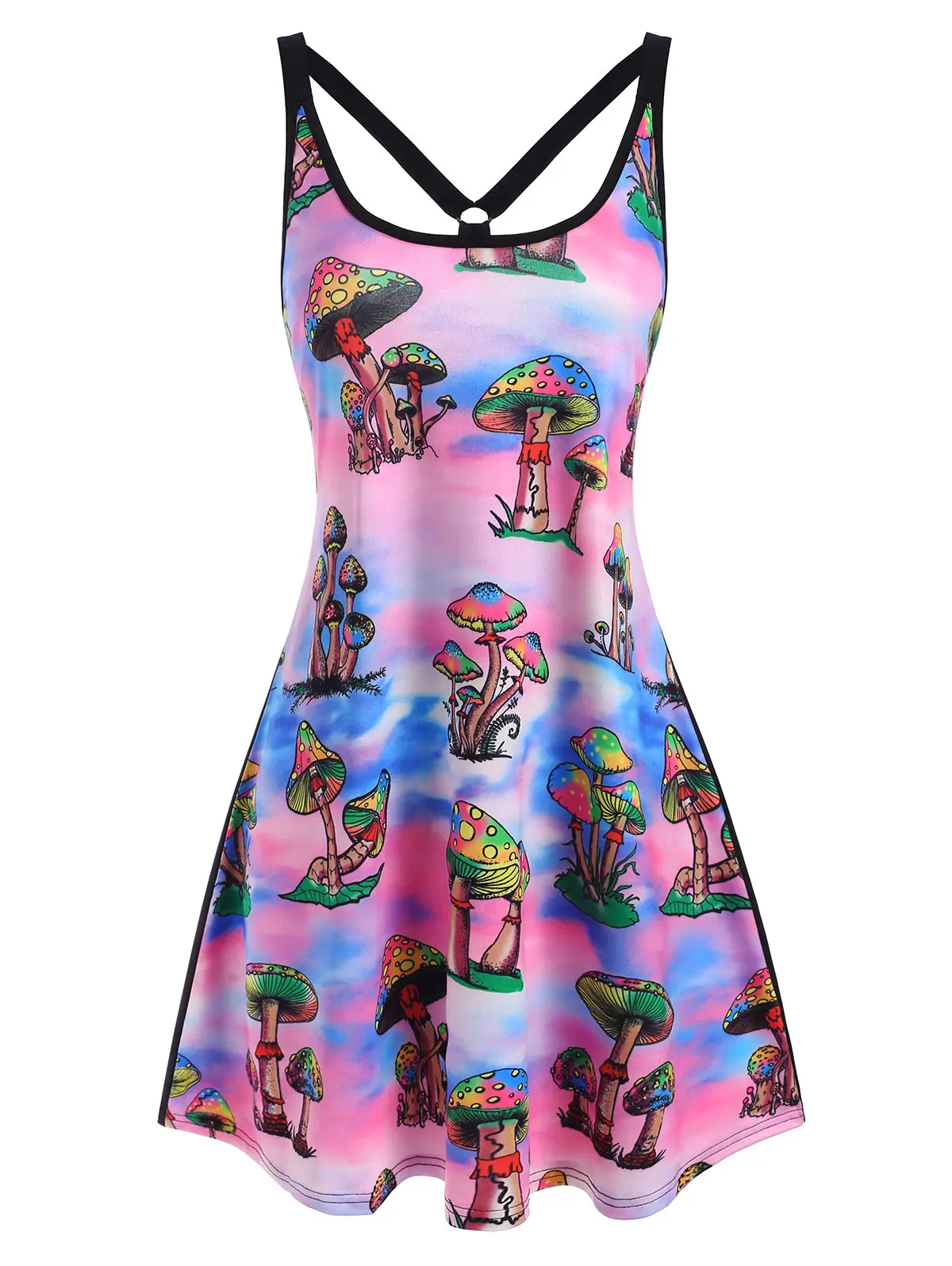 

Wipalo Casual Sleeveless Summer Dress Women Mushroom Print Strappy O Ring Tank Dress Retro Mini A Line Dress Fashion Loose Femme
