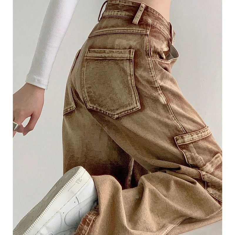 High waist brown womens loose tooling jeans 2021 winter fashion Y2K straight leg denim trousers retro loose high waist mom jeans