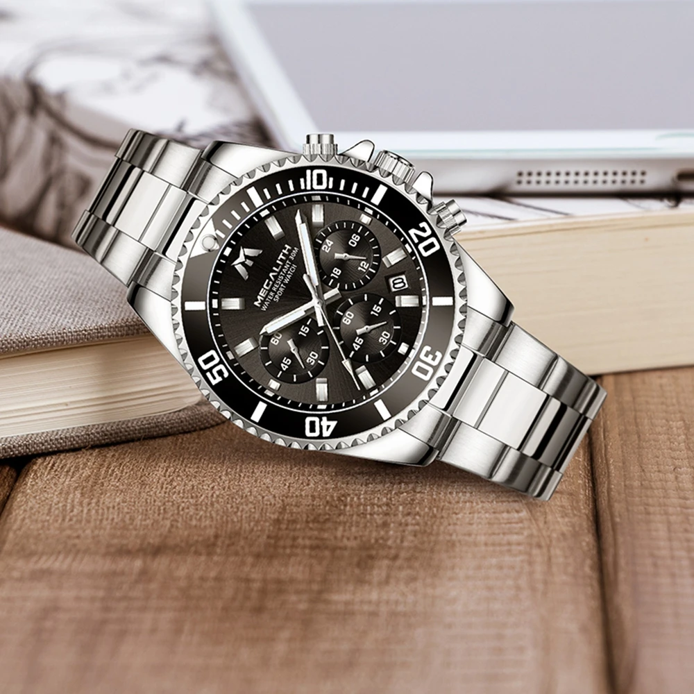 MEGALITH модные мужские часы Топ бренд класса люкс Хронограф Водонепроницаемые