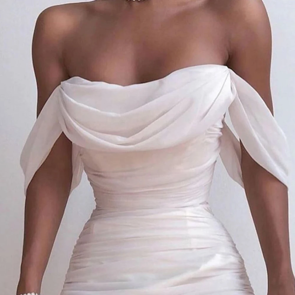 

Deer Lady Summer Party Dress 2019 New Arrivals Gathered Off Shoulder Bodycon Dress White Women Sexy Celebrity Club Dress