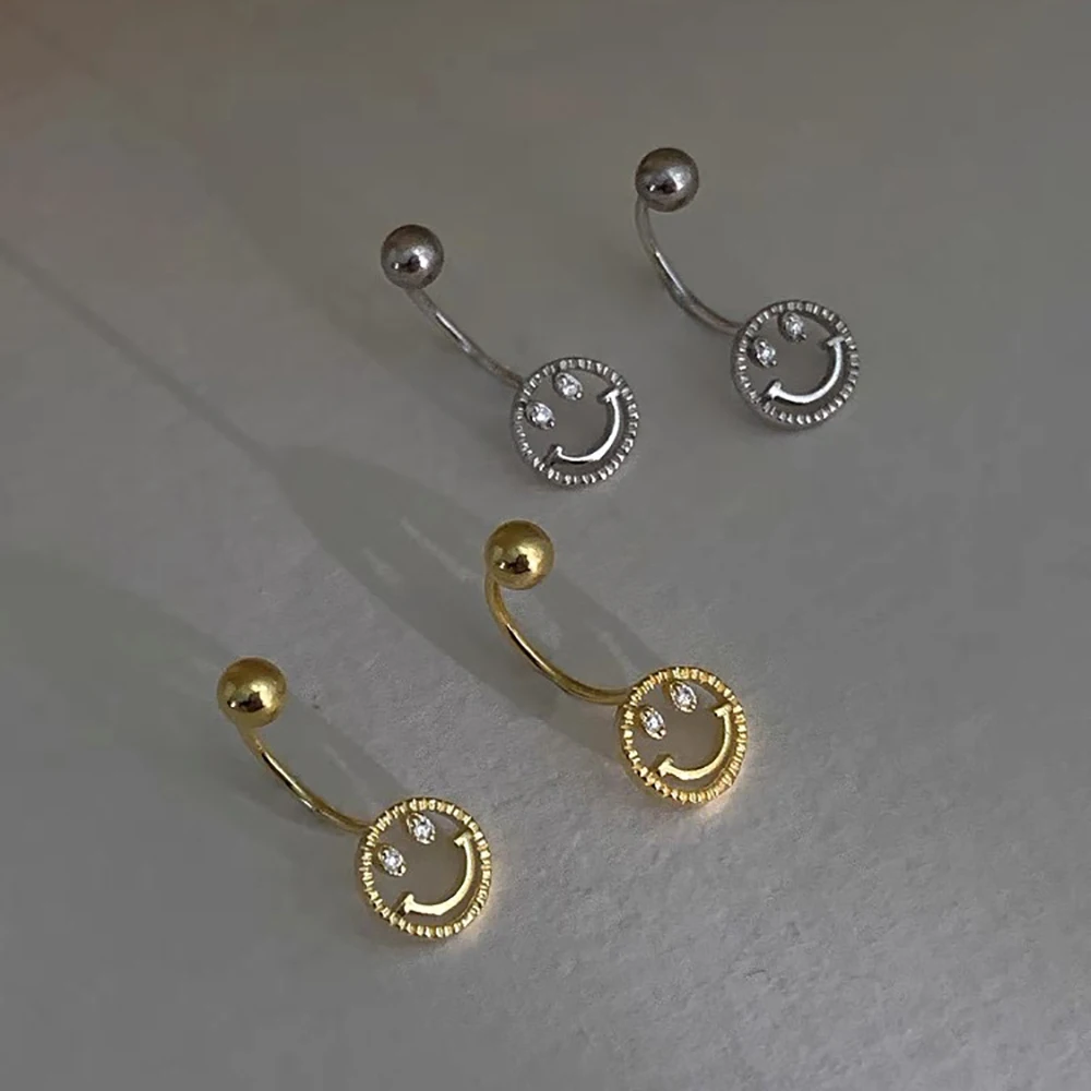 

Ghidbk Summer Sparkling Hollow Zircon Smiling Face Ear Studs Earrings For Women Gold Silver Color Geometric Ear Piercing Jewelry