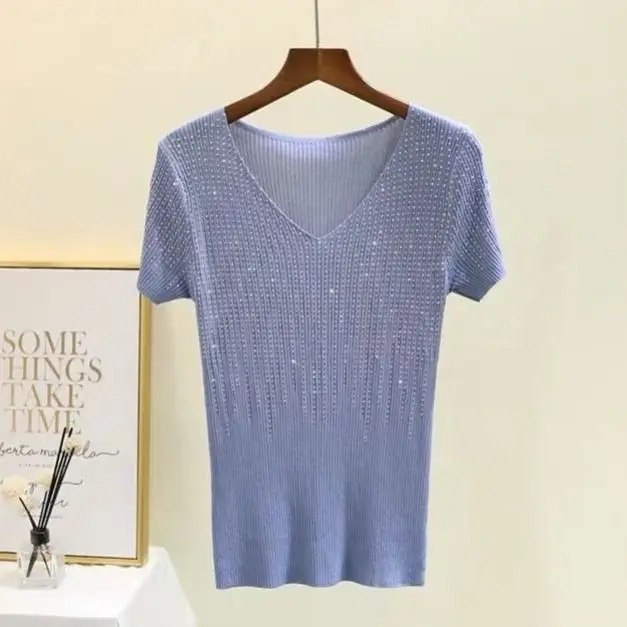 

2021 Summer New Ice Silk Knitted Shirt Women's Loose Skinny Turtleneck V-Collar T-Shirt Women's Thin Top