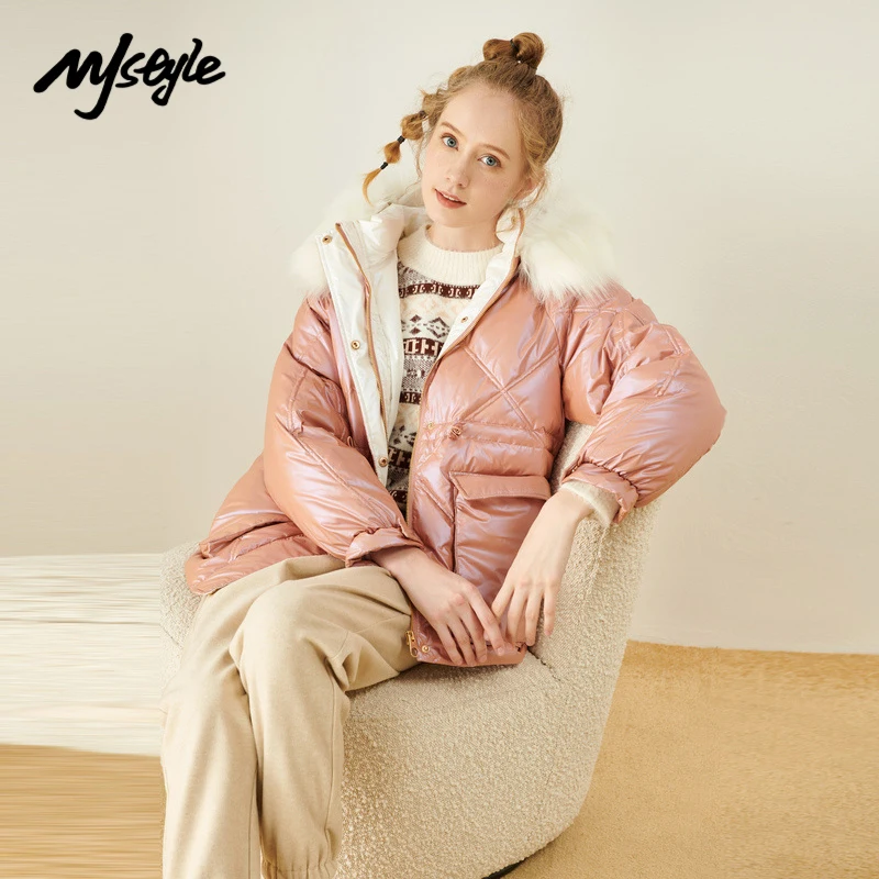 

MJstyle 2021 Winter Women's 90% White Duck Down Shiny Purple Fur Collar Hooded Down Parka Jacket Windbreaker 820170035