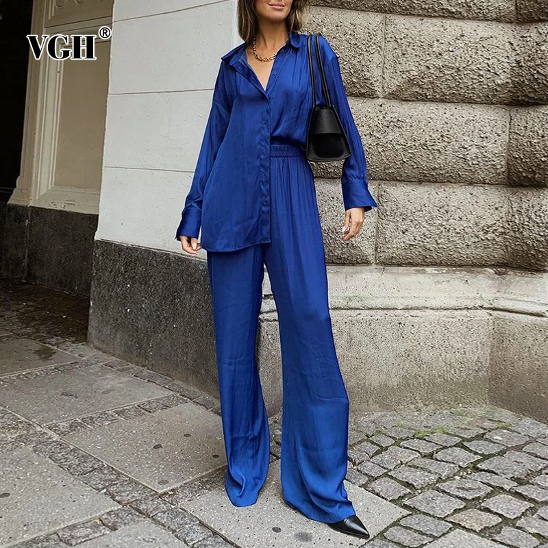 

Женский брючный костюм VGH, голубой повседневный комплект из двух предметов, блузка на пуговицах с отложным воротником и длинным рукавом, брю...