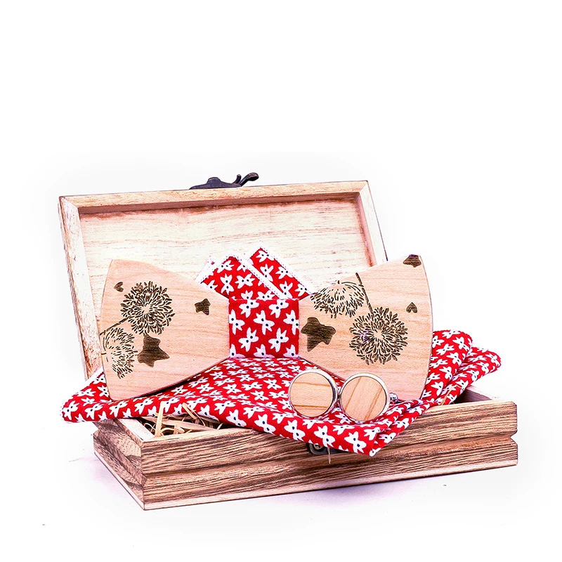 

Sitonjwly Fashion Wooden Bow Tie Handkerchief Cufflinks Set Men's Print Wood Bowtie with Box Handmade Neck Ties Bowknot