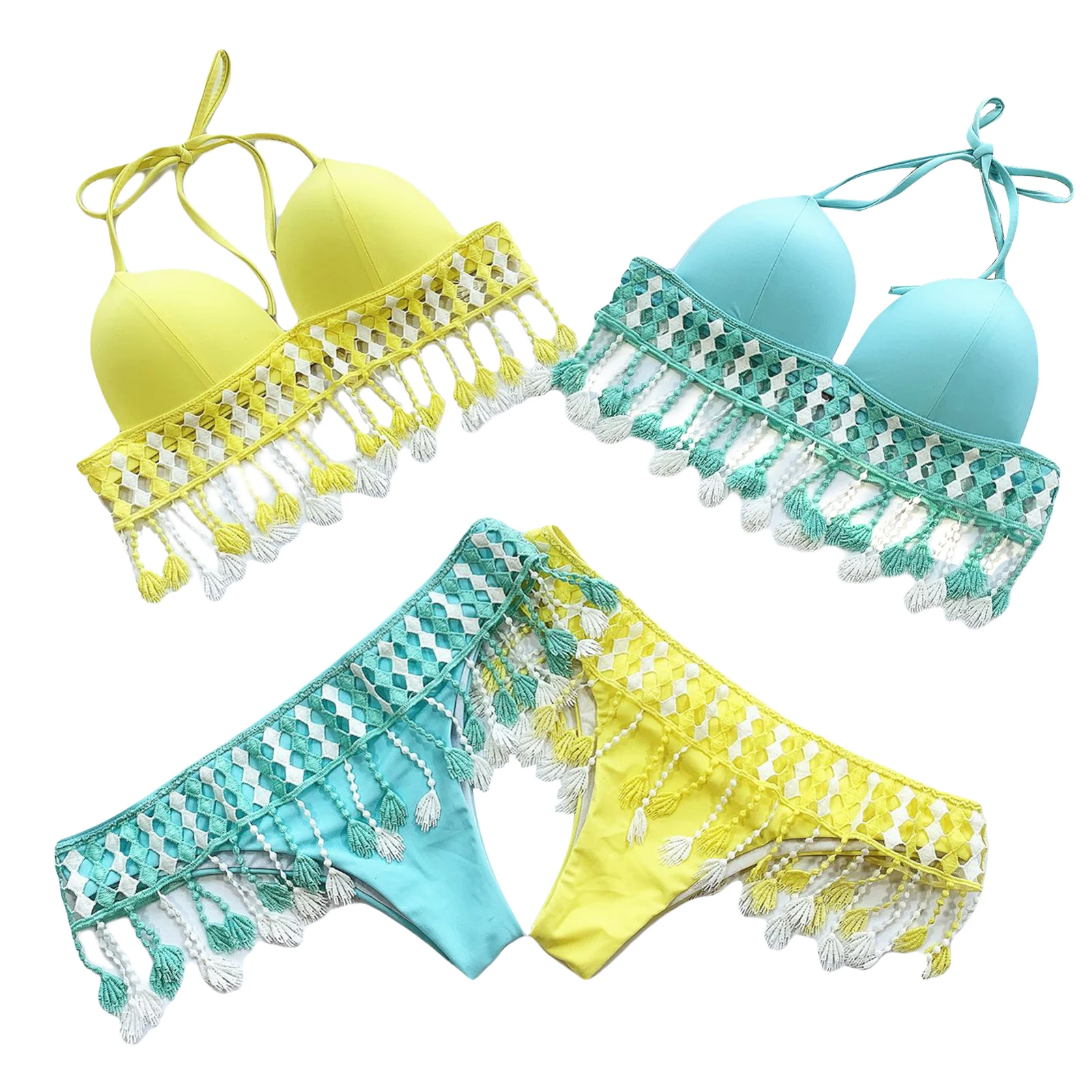 Женский раздельный купальник бикини с кисточками и открытой спиной глубоким