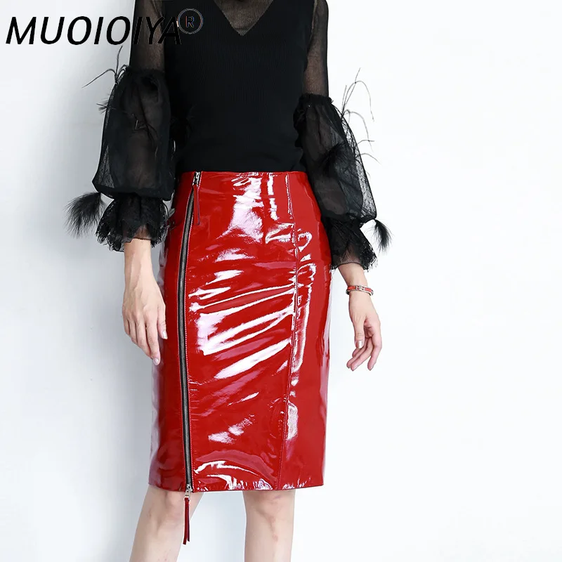 

Real Genuine Leather Skirt Women Zipper Fashion Design Bright Patent Midi Skirts Runway High Quality Luxury Brand Bodycon Skirt