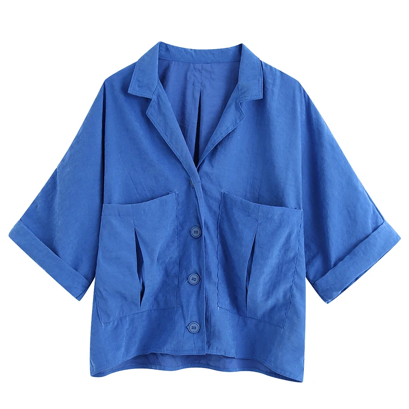 Женская блузка с отложным воротником Однотонная синяя рубашка карманами топы
