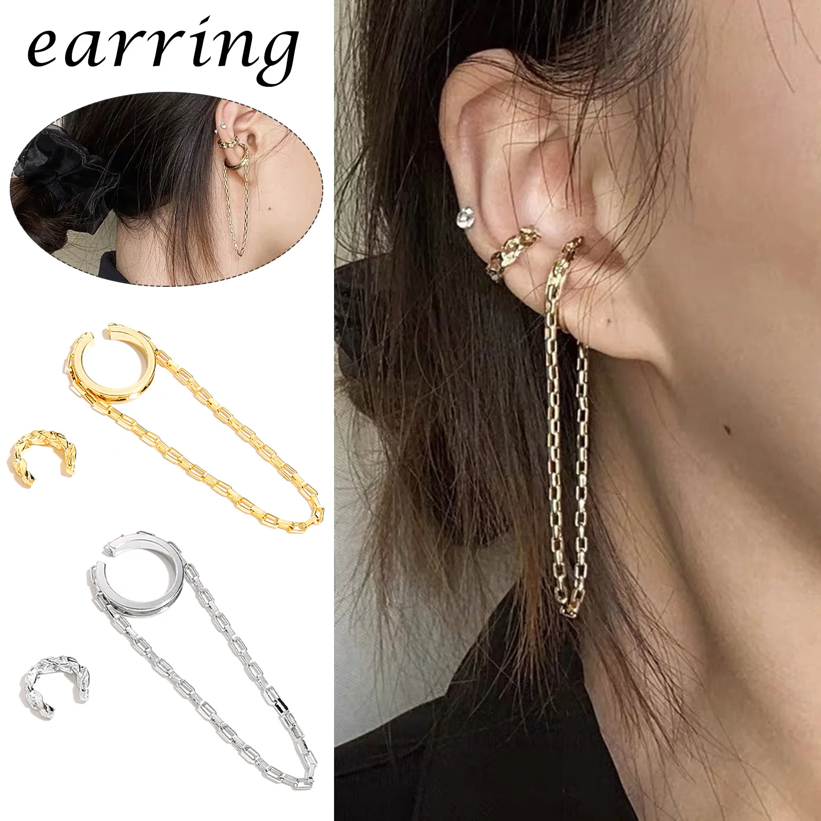 

Ear Cuff Clip Metal Metal Asymmetrical Personality No Pierced Long Chain Painless Ear Hook TY66