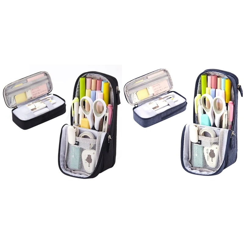 

ANGOO 2 Pcs Pen Bag Pencil Case Two Layer Foldable Stand Phone Holder Storage Pouch for Office School Black & Blue