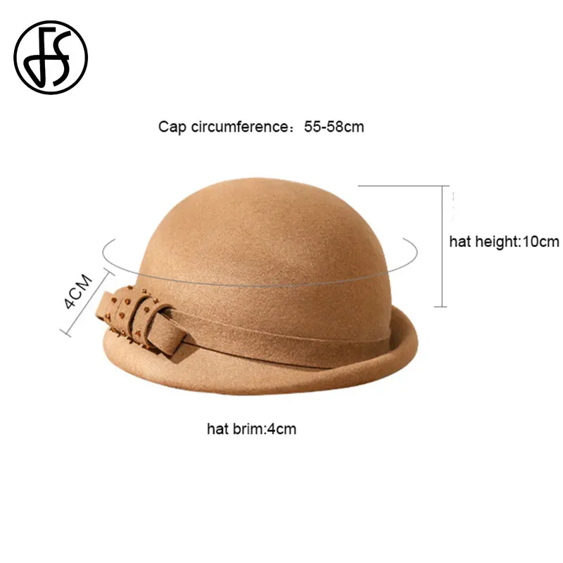 

FS Wide Brim Black Hats Women Rivet Decor Bowler Winter Fedora Hat Chapeau Femme Feutre Winter Cloche Ladies Church Felt Fedoras