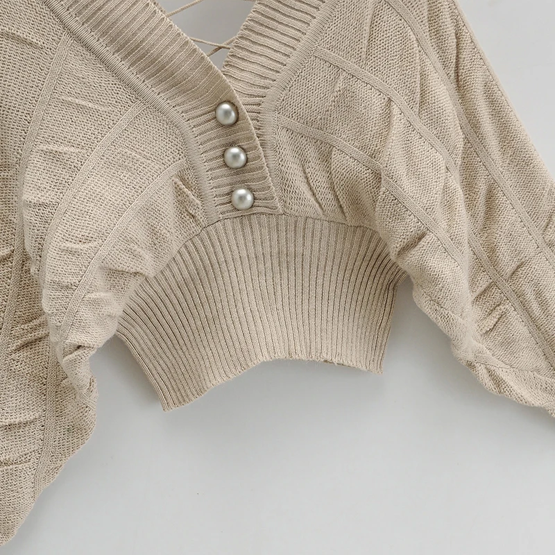 

SWEETKAMASexy Backless V-neck Long Batwing Sleeve Sweater Women Autumn Winter Knitted Femme Slim Knitted Pullover Sweater