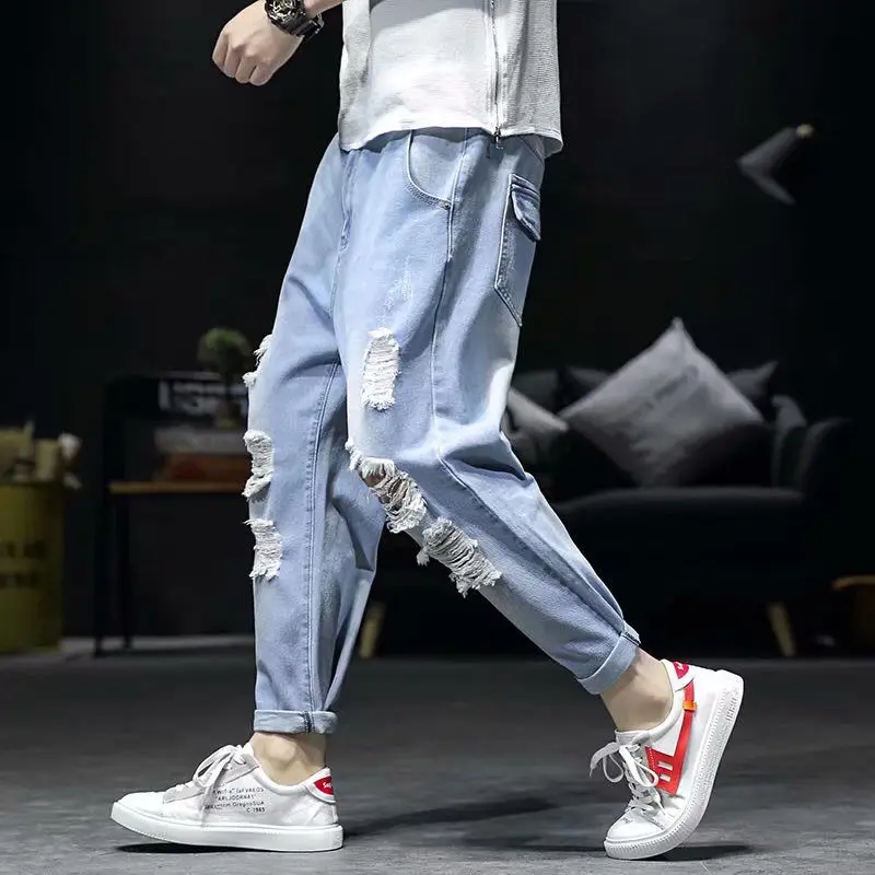 Ripped jeans with summer men's Harlan feet light color loose trend elastic waist jogger pant hip hop Straight jeans for men blue