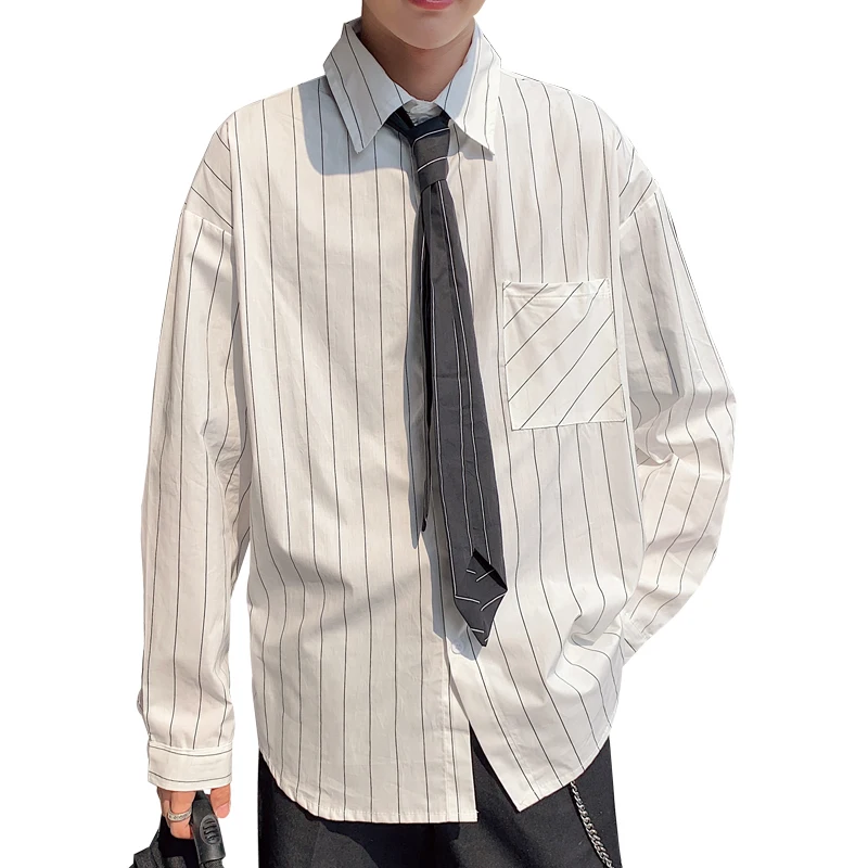 2021 Spring Leisure Couple Large Long Sleeve Dress White Striped Shirt Men Trend Handsome Shirt